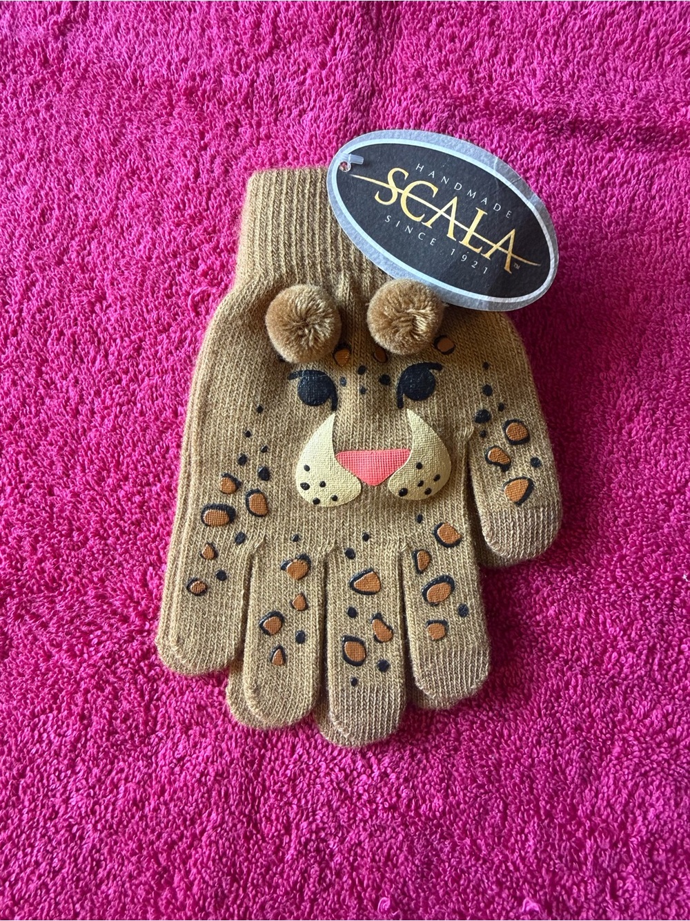 Scala Kids Tan Leopard Face Pom-Pom Mittens